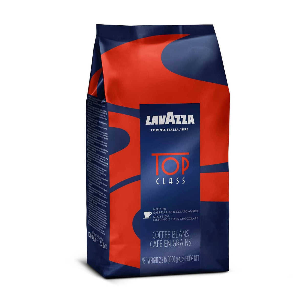 Lavazza Top Class whole bean coffee bag, blue and red, front label