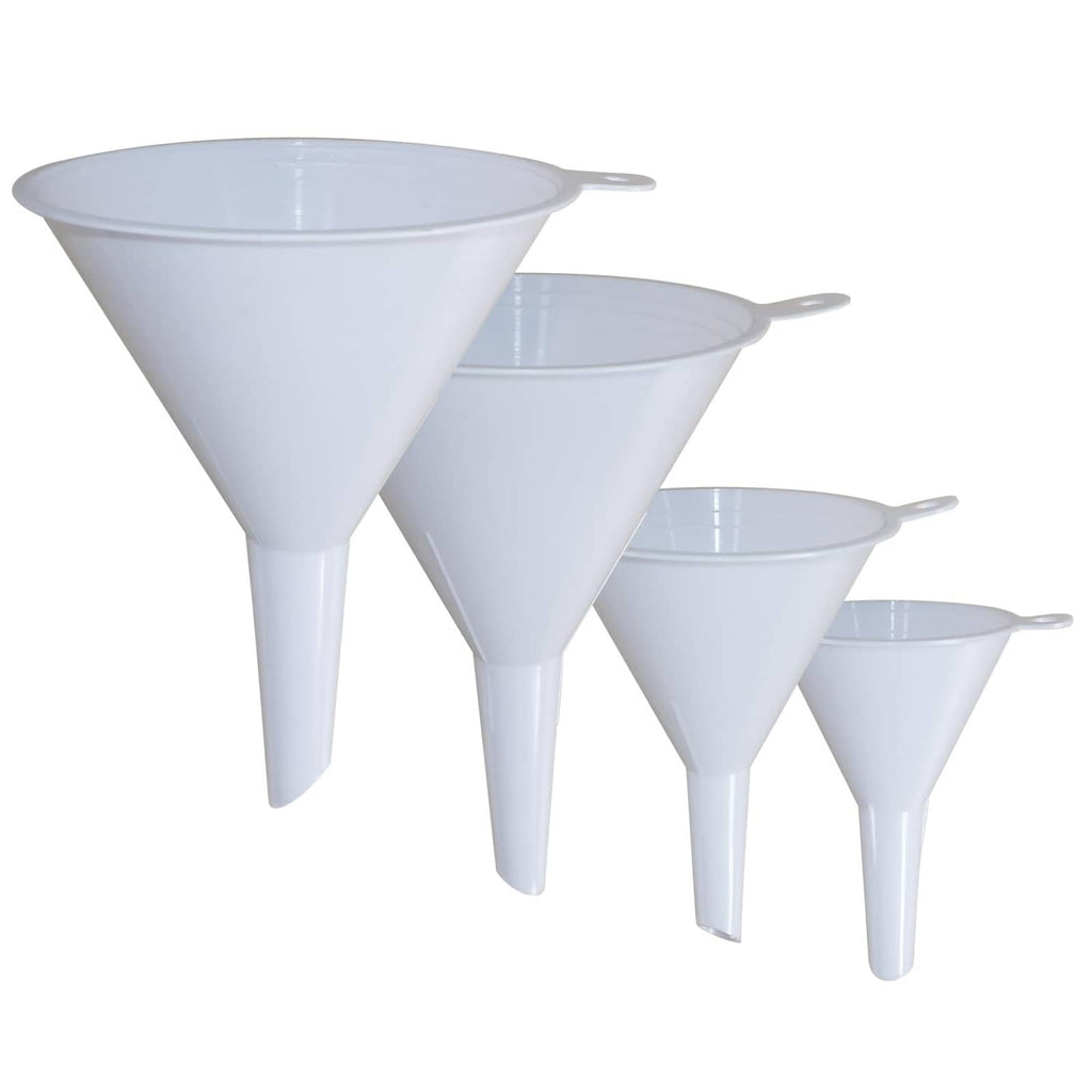 White plastic funnel set with four nested funnels and side spouts