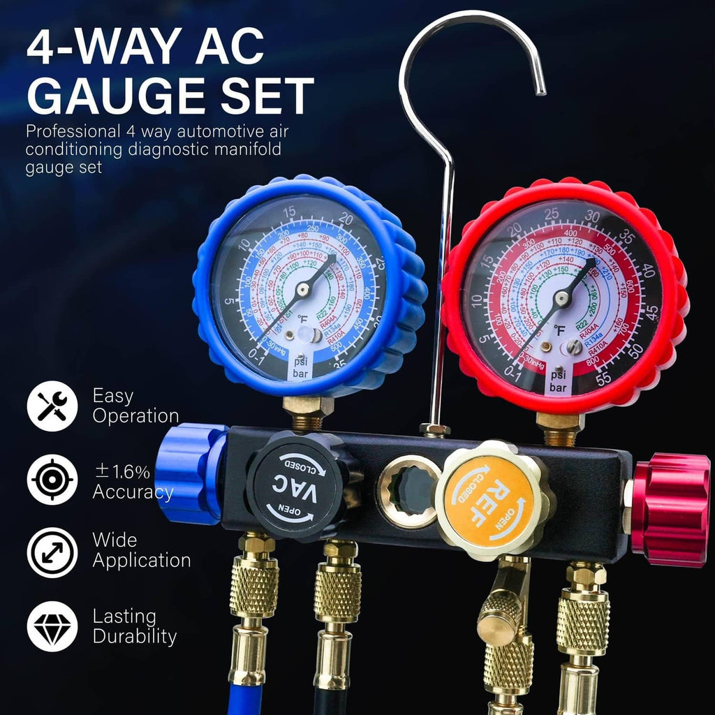 4-way manifold gauge set with blue and red dials, valve couplers, and color hoses
