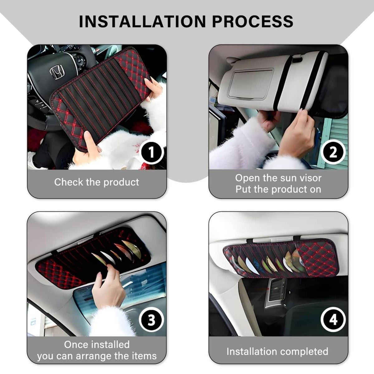 Car visor CD organizer case, red plaid edges and black ribbed insert panel