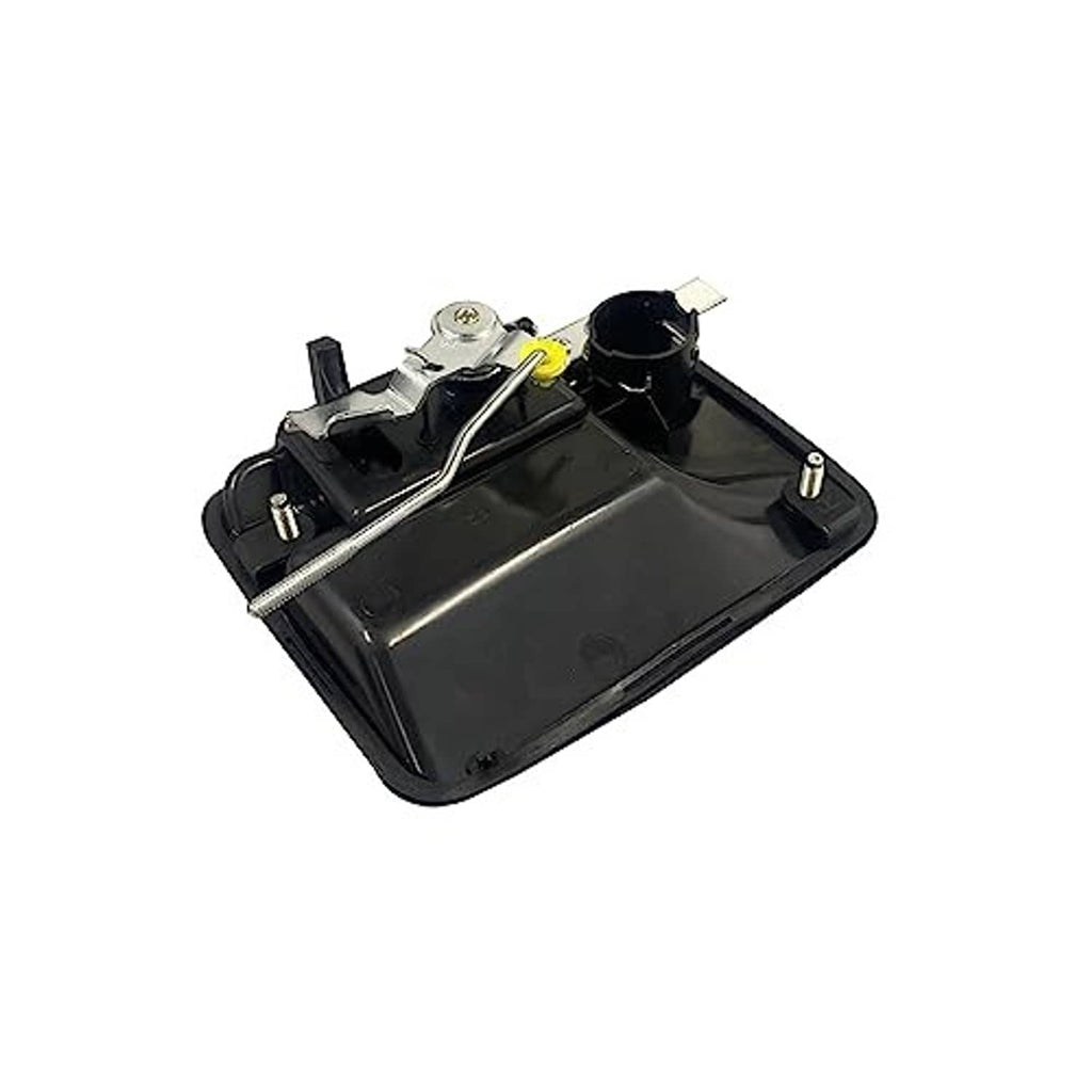 Black exterior door handle assembly with latch hardware and mounting points