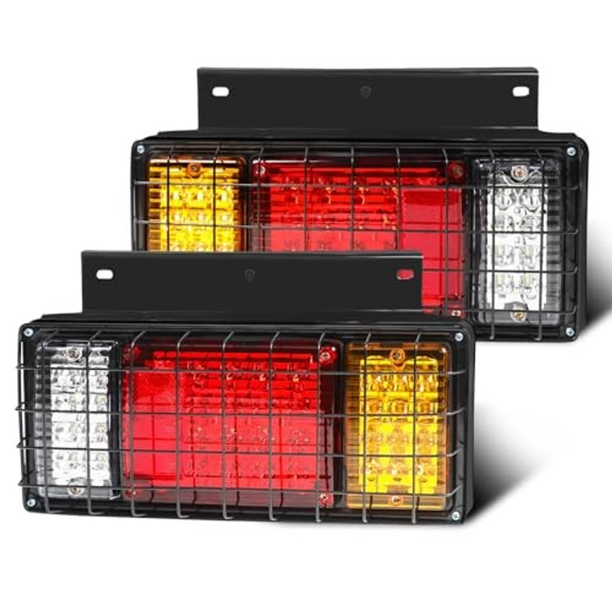 Pair of LED trailer tail lights with red, amber, and clear lens sections in black housings