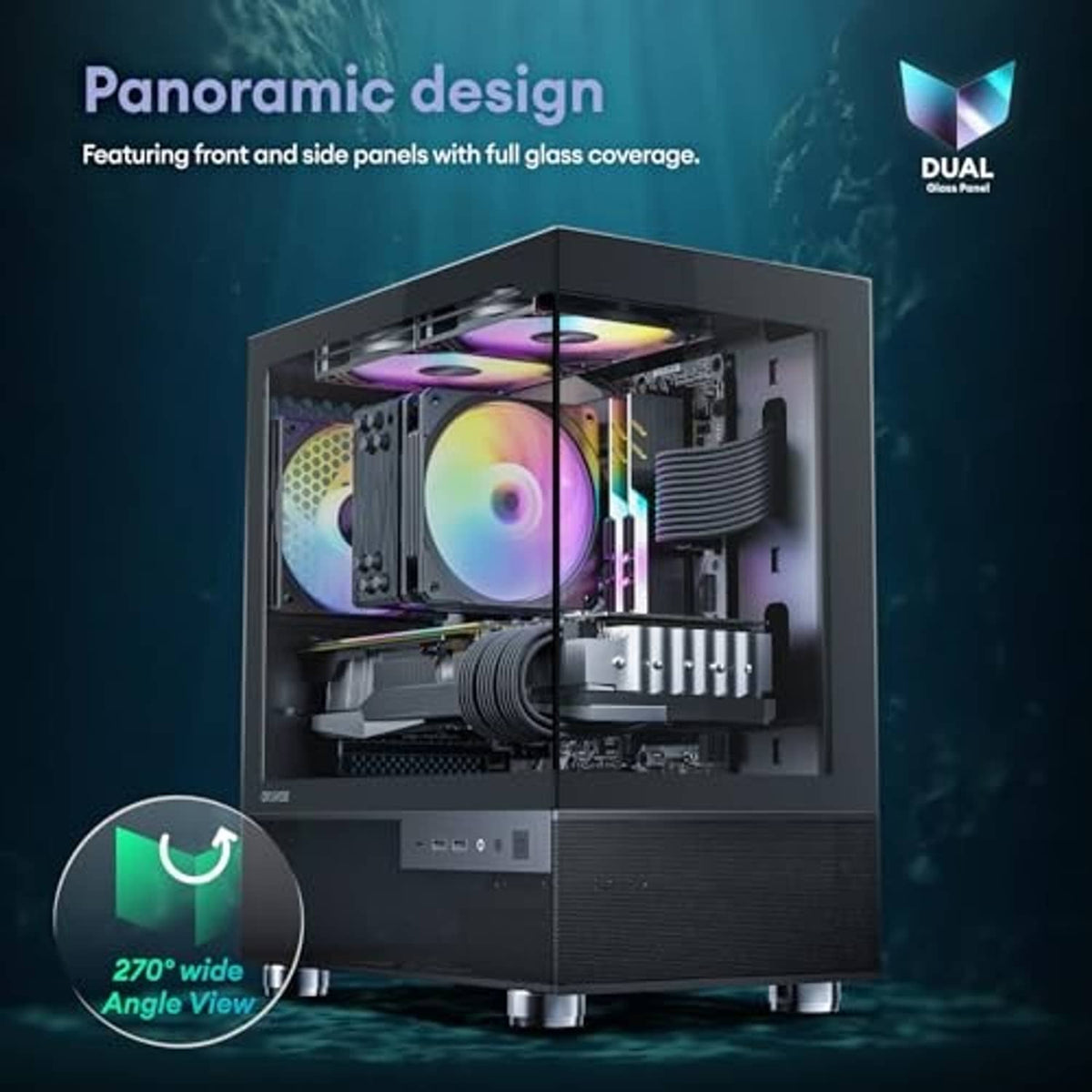Black micro ATX PC case with panoramic tempered-glass front and side window
