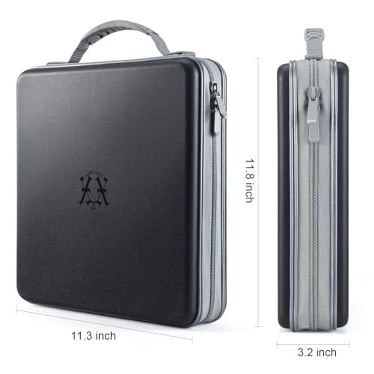 Black hard plastic CD case with side zippers and rigid, boxed profile