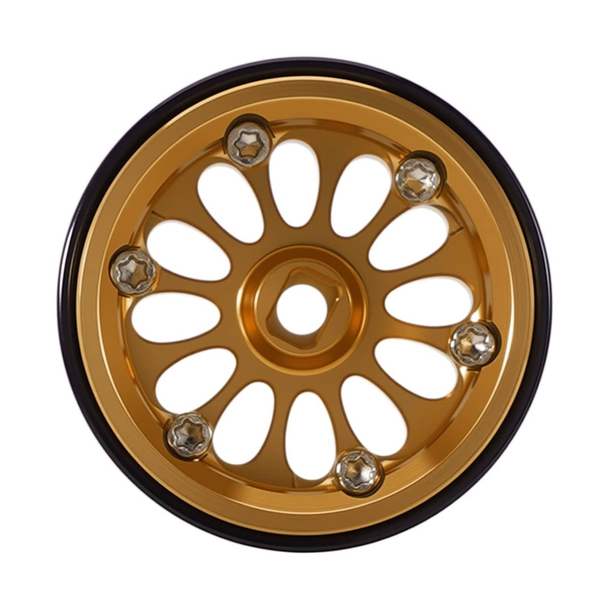 Gold beadlock wheel front view with black tire, star spokes, steel lug bolts