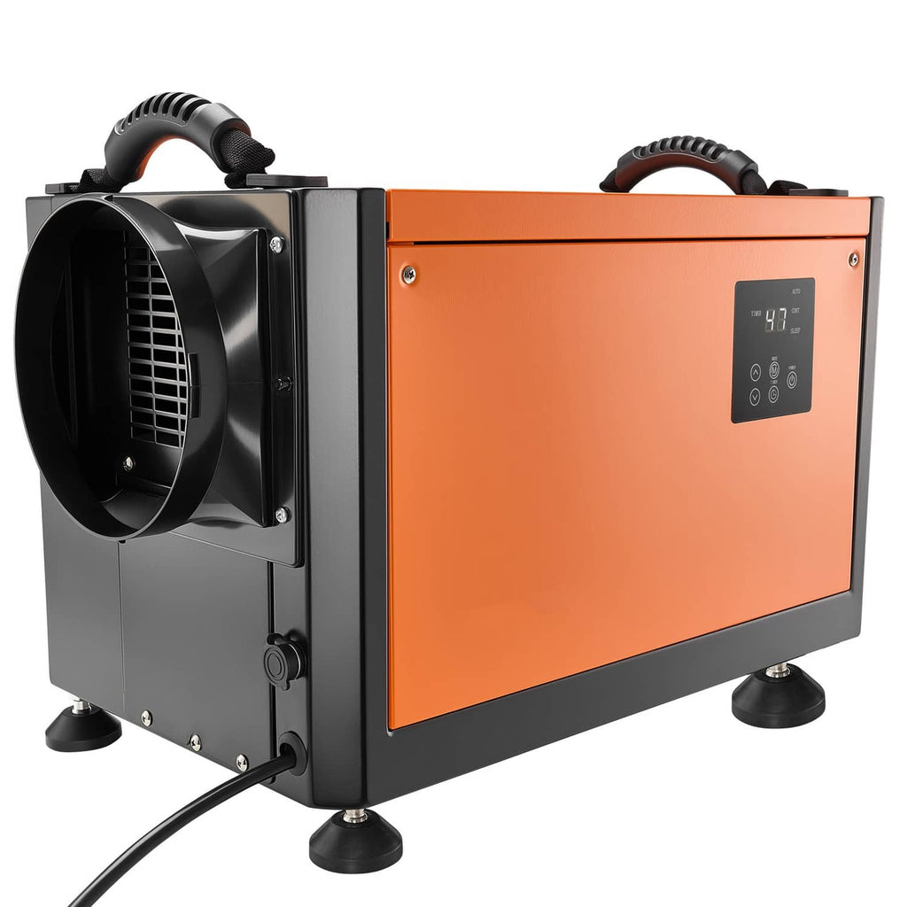Commercial dehumidifier with open front fan grille, orange control panel, and pump outlet