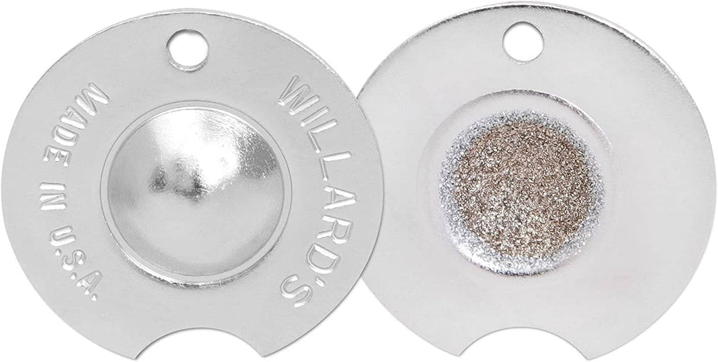 Pair of silver pool cue tip shapers with central hole and grit-filled face