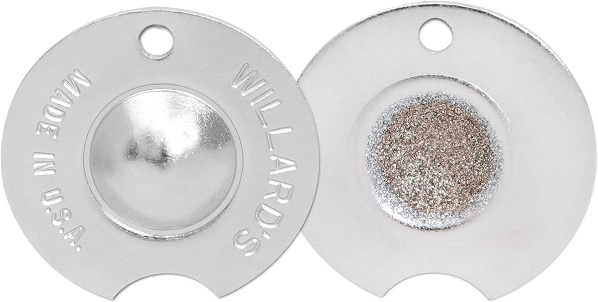 Pair of silver pool cue tip shapers with central hole and grit-filled face