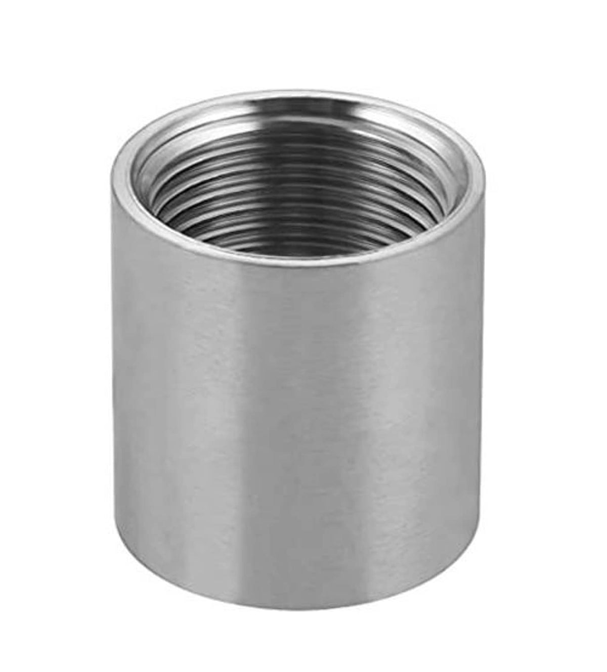 Stainless steel coupling showing female threaded opening at top