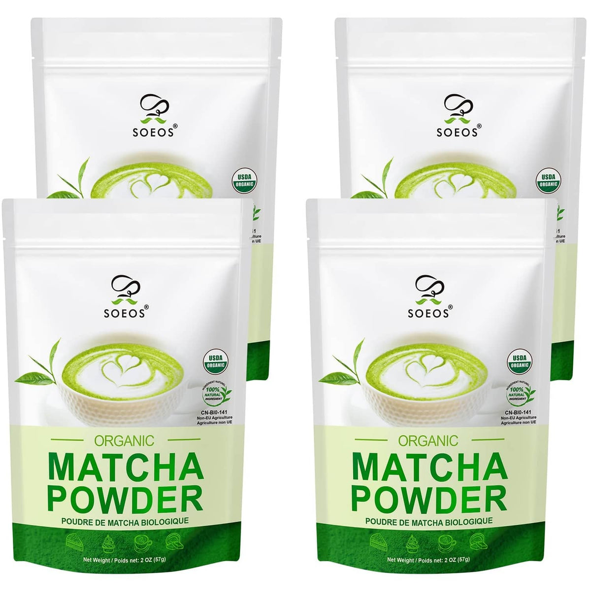 Soeos Organic Matcha Powder pouches, set of two, with bright green matcha graphics