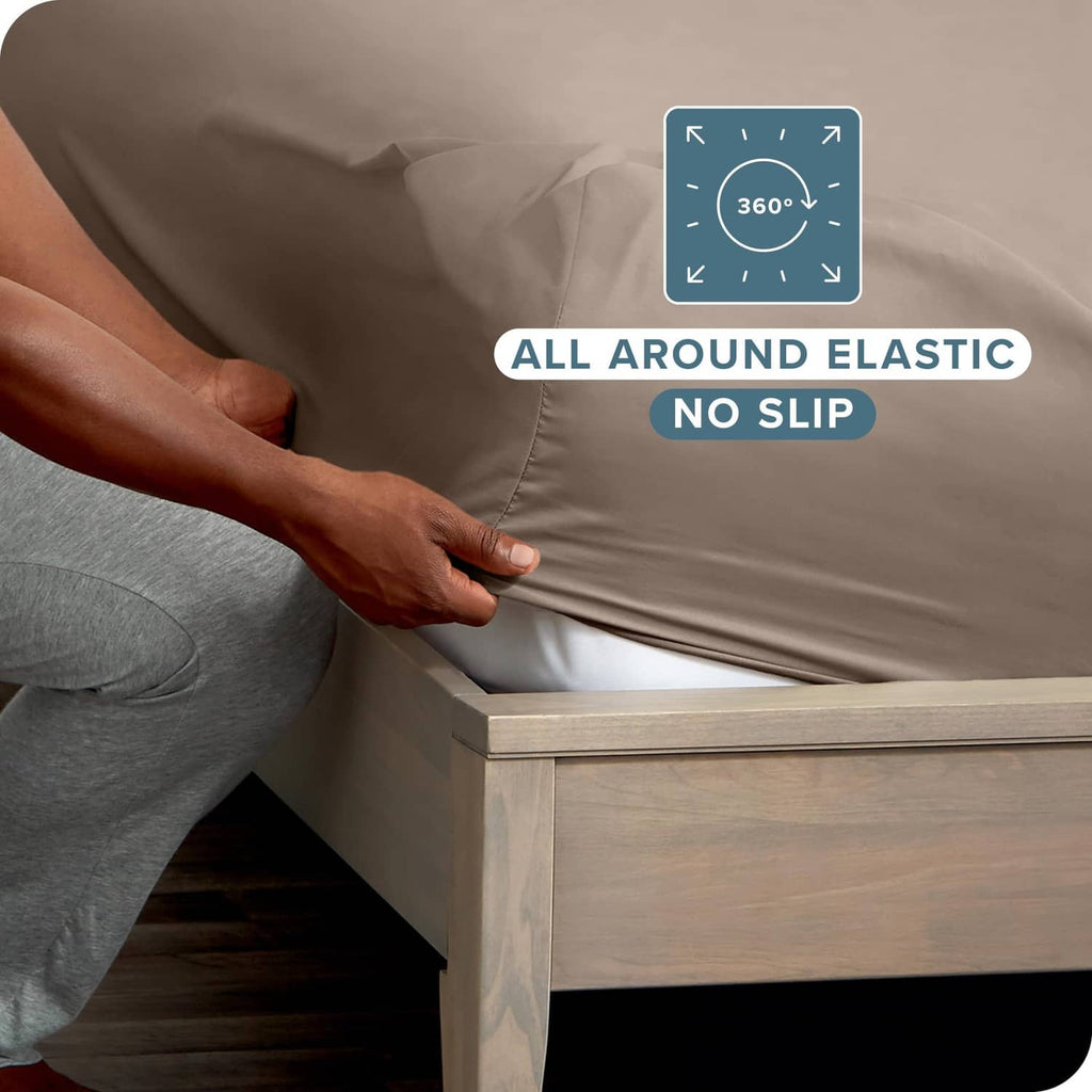 Taupe twin XL fitted sheet corner with all-around elastic grip
