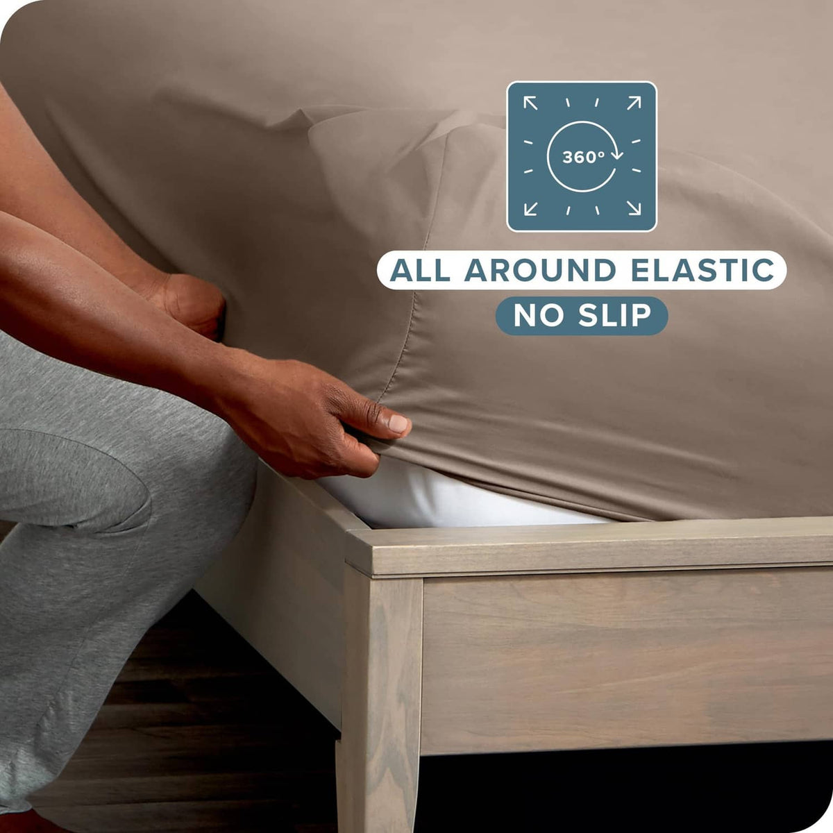 Taupe twin XL fitted sheet corner with all-around elastic grip