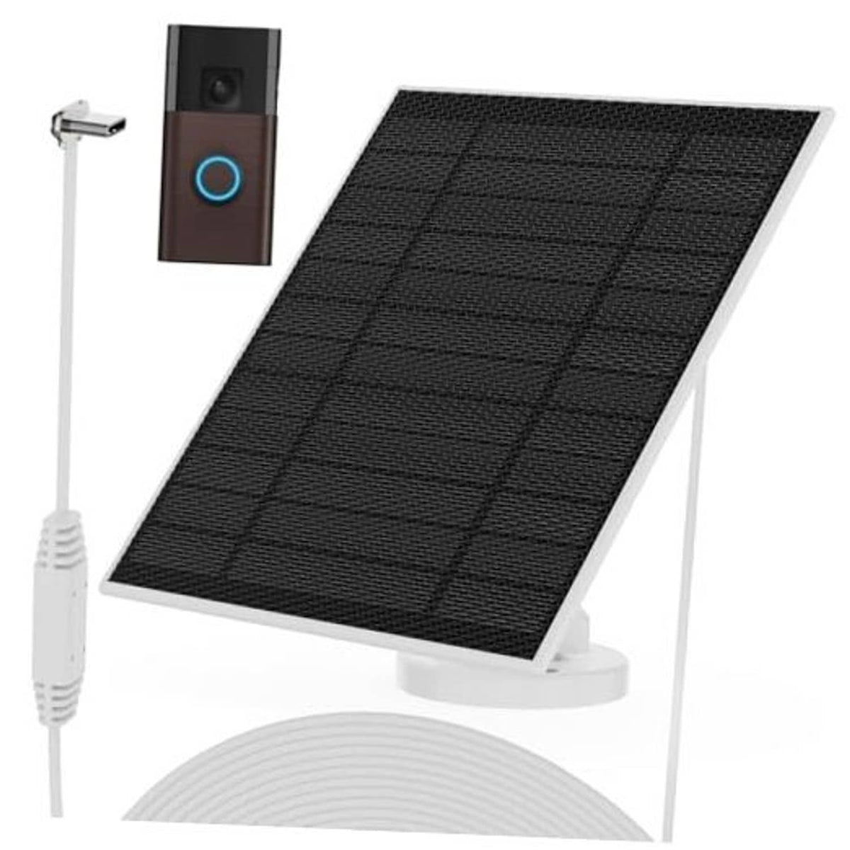 6W black solar panel with white mounting stand and charging cable for doorbell