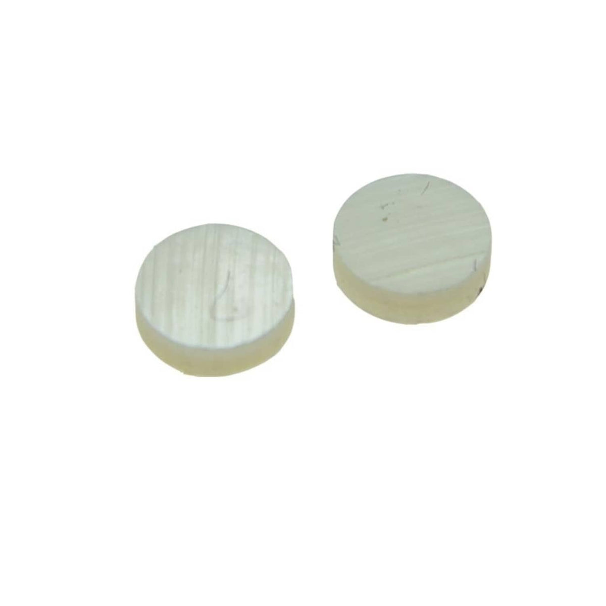 Two round natural mother-of-pearl inlay discs with subtle linear texture