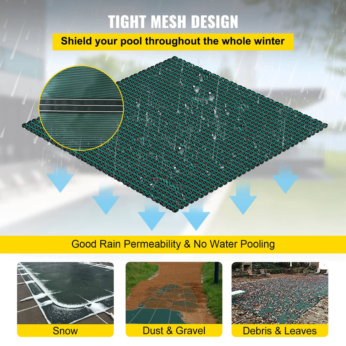 Green winter pool safety cover with tight mesh weave for drainage and debris resistance