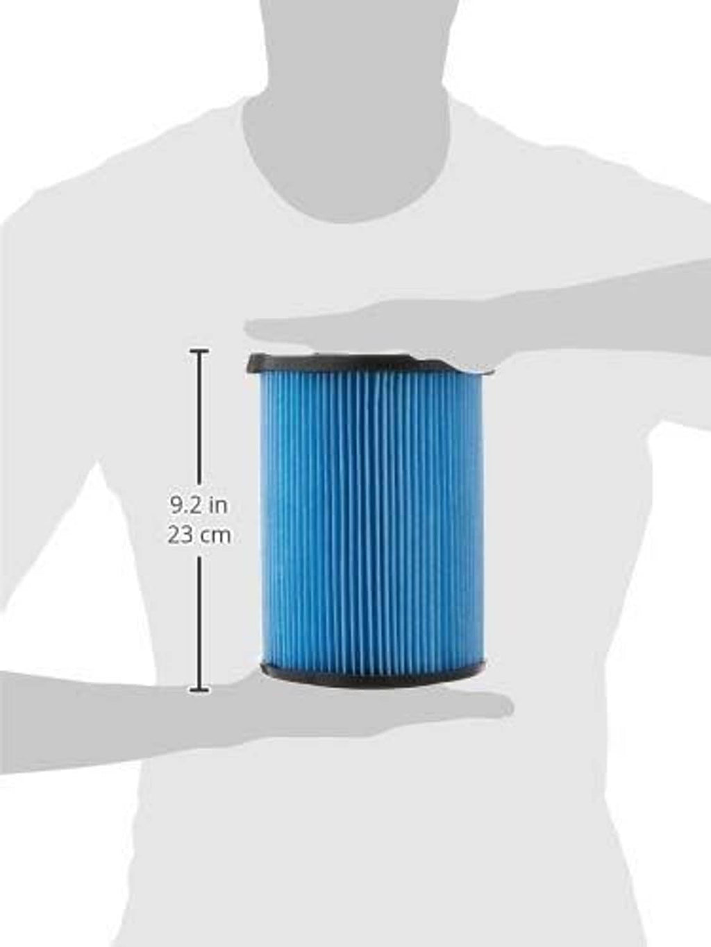 Blue pleated paper vacuum filter, 9.2 in (23 cm) tall