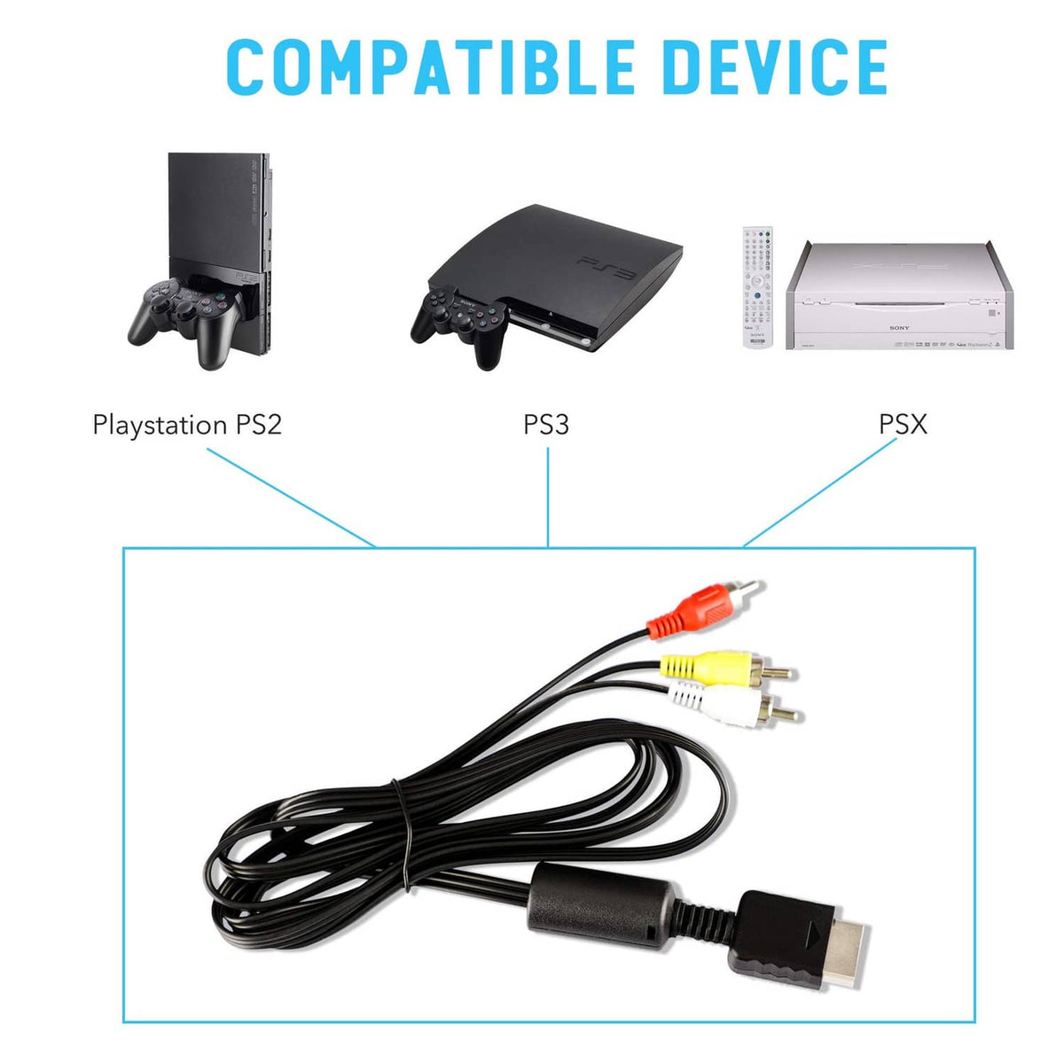 RCA AV cable showing console AV plug and red, white, yellow RCA audio/video connectors