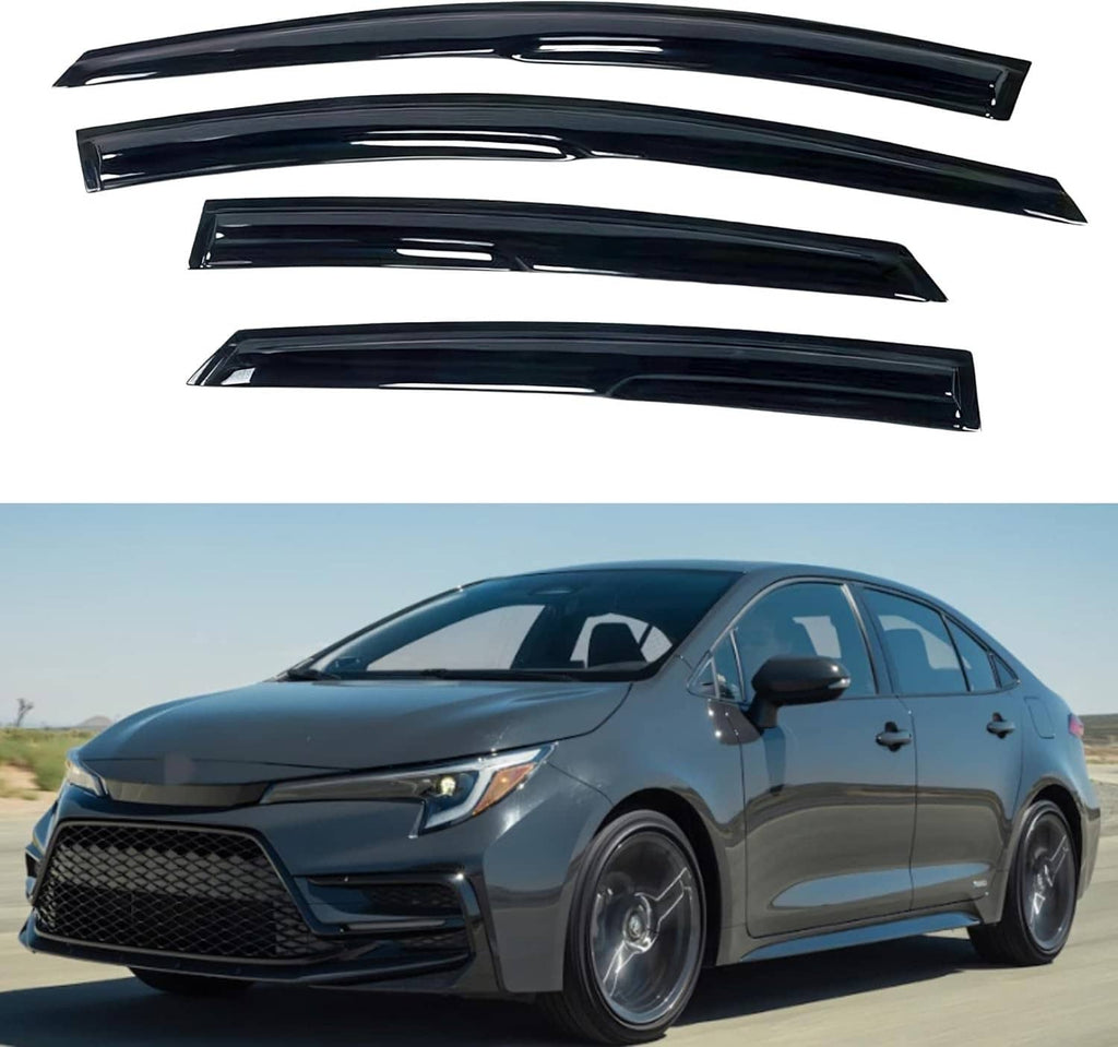 Glossy black window visor rain guards set installed on a sedan side window