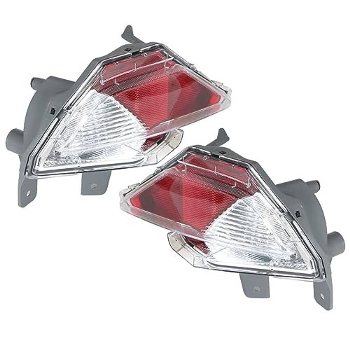 Rear bumper reflector and stop lamp pair with red and clear lenses, chrome frames, mounting points