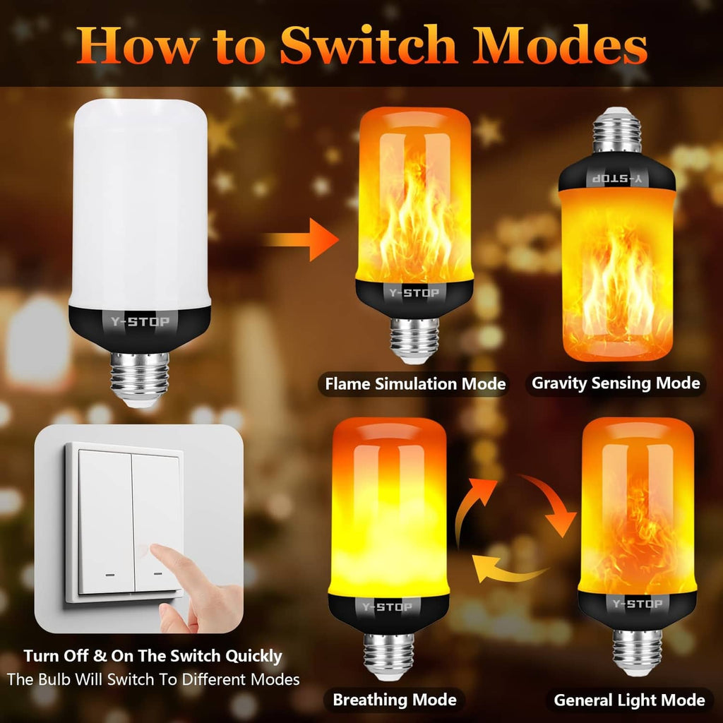 LED flame light bulb on switch-modes graphic, amber flame effect with black base