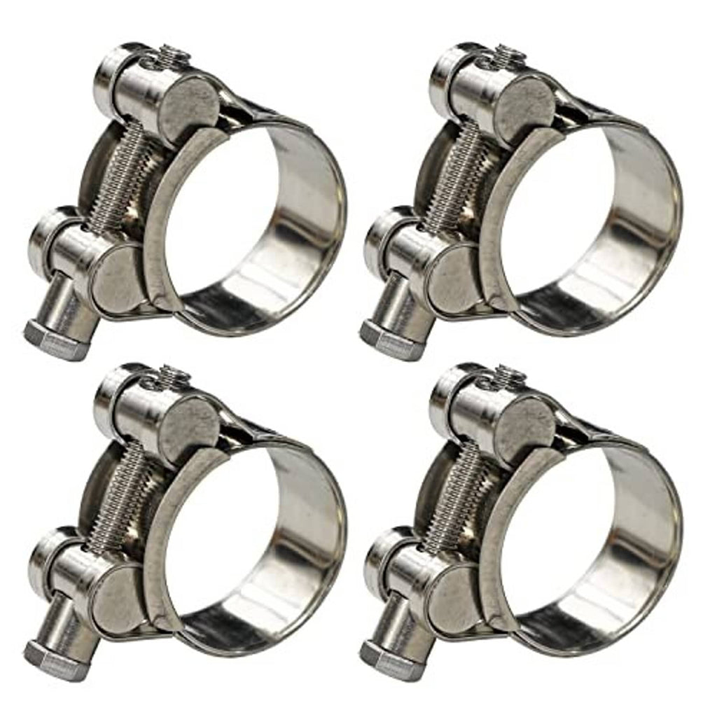 Stainless T-bolt hose clamps, angled view of band and tightening screw, four-pack