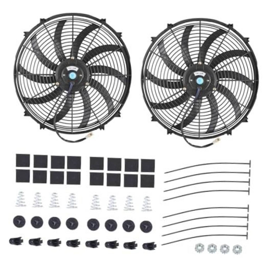 16-inch electric radiator cooling fan with black grille, shown from two angles.