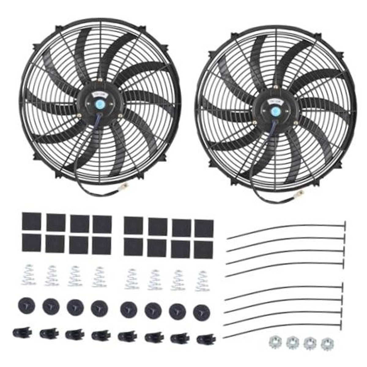 16-inch electric radiator cooling fan with black grille, shown from two angles.
