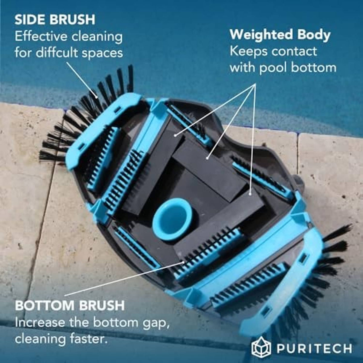 Rectangular pool vacuum head with bottom brush and side bristles, blue center nozzle