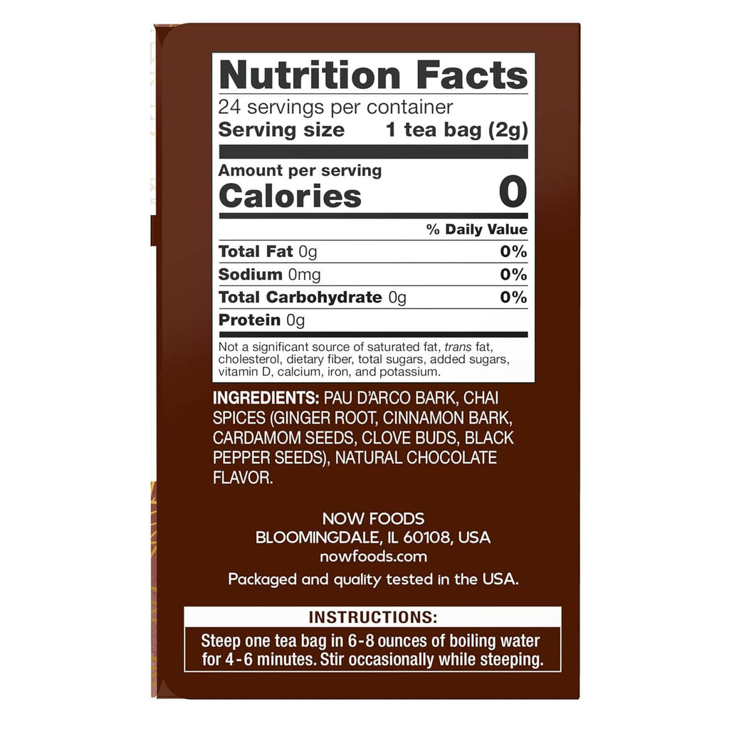 Nutrition Facts panel for herbal tea: 0 calories per 1 tea bag serving