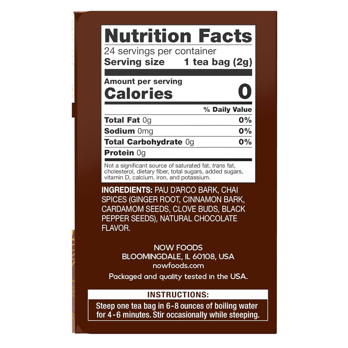 Nutrition Facts panel for herbal tea: 0 calories per 1 tea bag serving