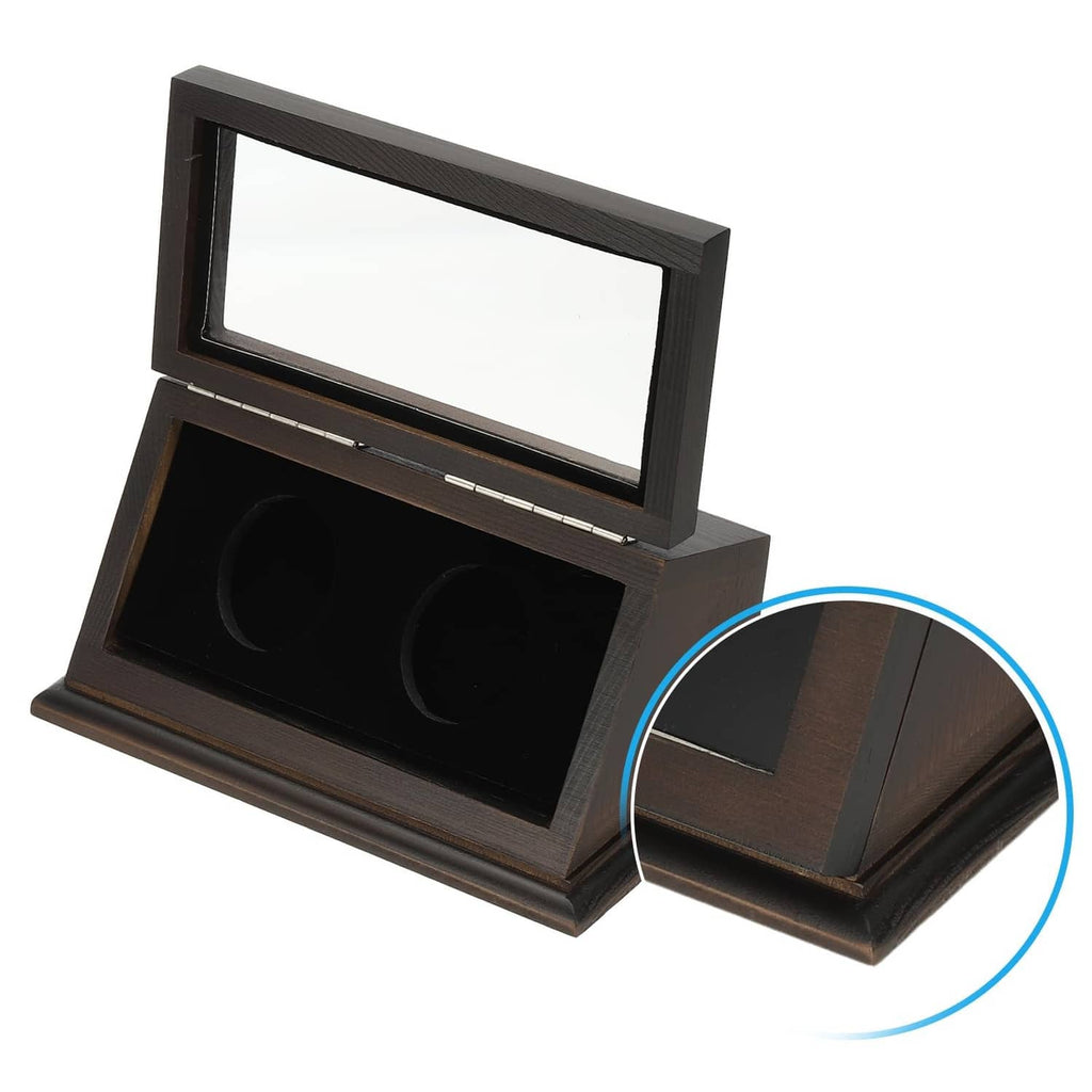 Brown 2-slot coin display case with open lid and two coin slots, side detail