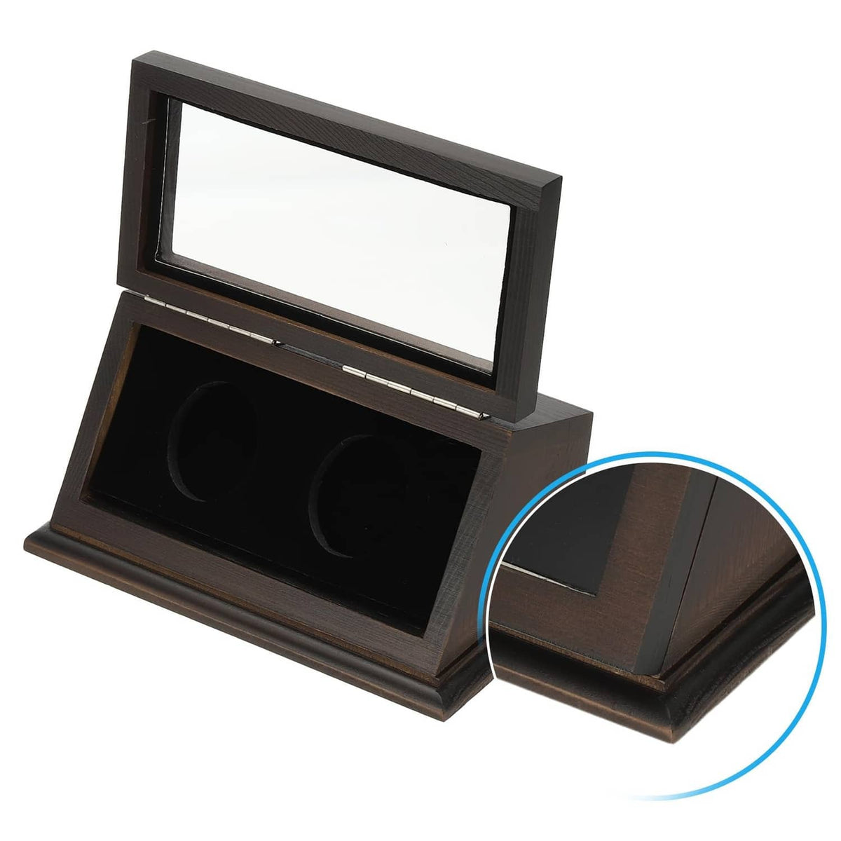Brown 2-slot coin display case with open lid and two coin slots, side detail