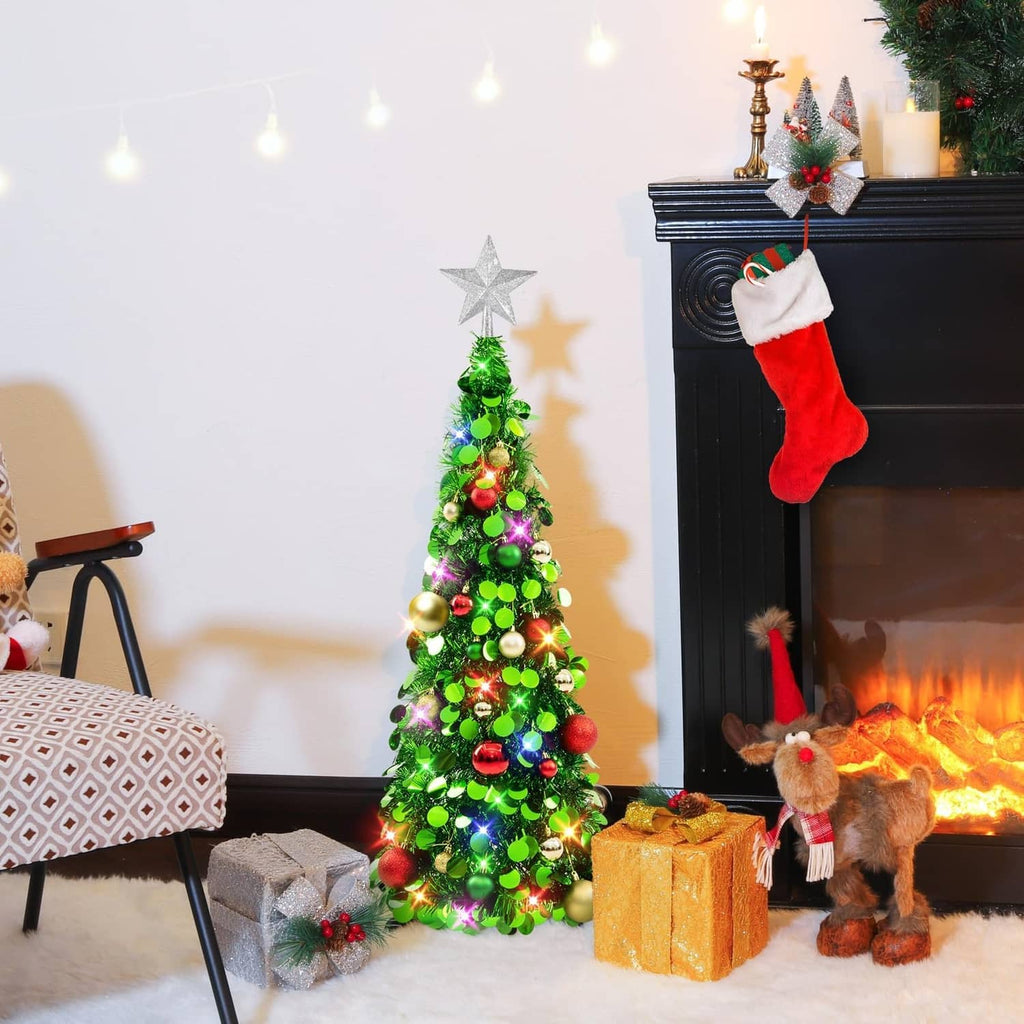 Lit 3ft tinsel Christmas tree with silver star topper, green foliage, multicolor LED glow