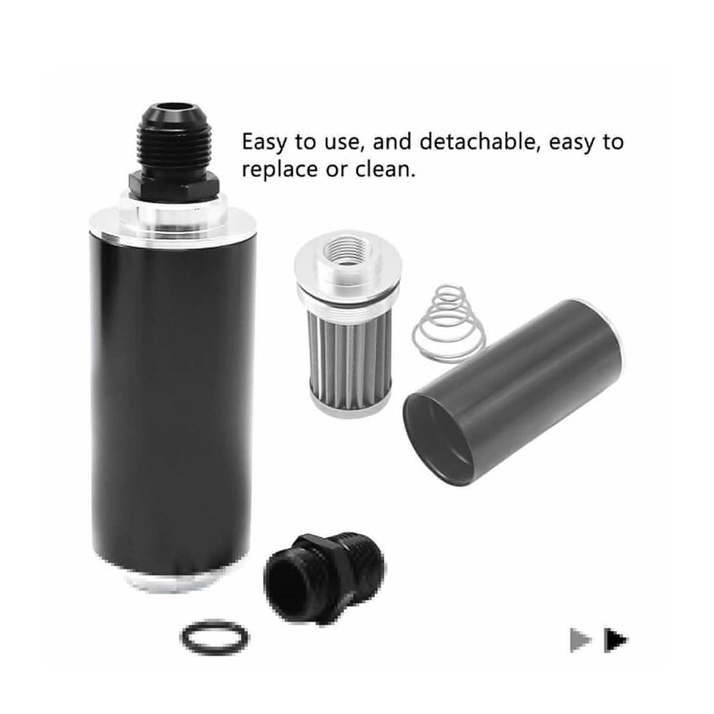 Inline fuel filter kit with black housing, removable filter element, and O-ring seals.