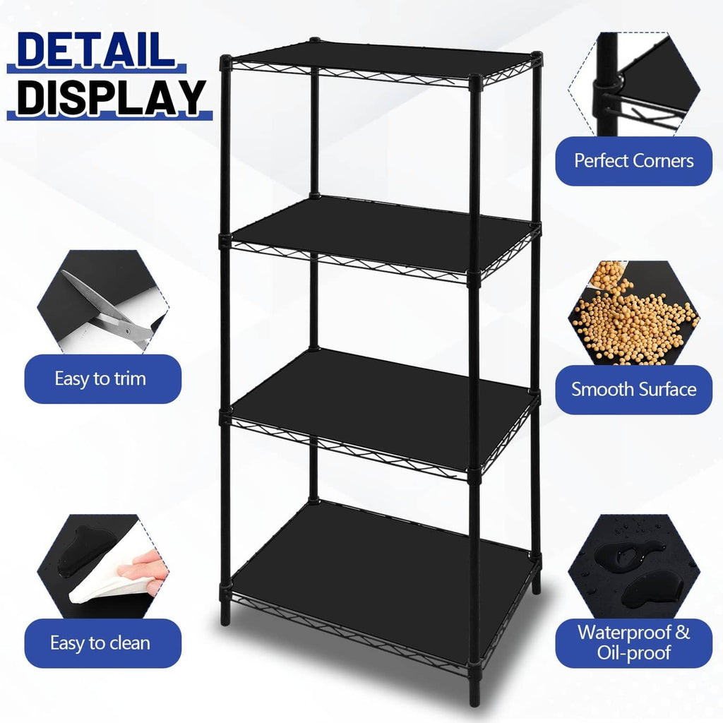Black shelf liner inserts on wire rack shelves, smooth solid coverage