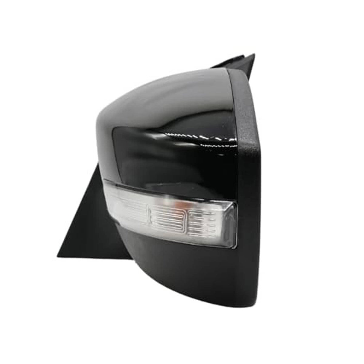 Left side mirror assembly with black housing and clear turn-signal lens