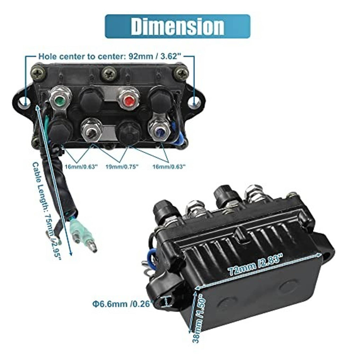 Outboard trim relay with dimensions shown; black housing and three-pin connector