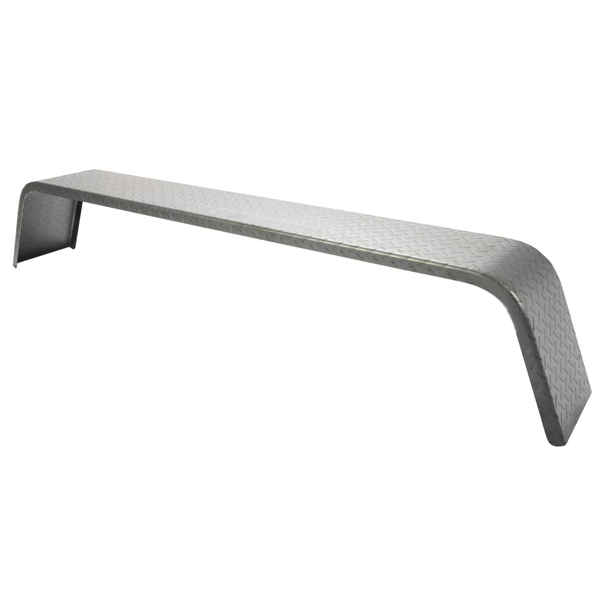 Curved steel trailer fender with diamond tread texture and side cutout bracket