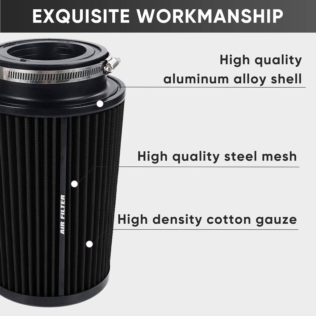 Black cylindrical air filter with metal top plate and steel mesh base