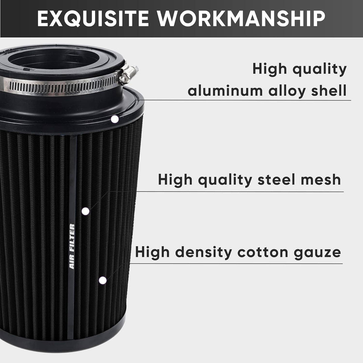 Black cylindrical air filter with metal top plate and steel mesh base