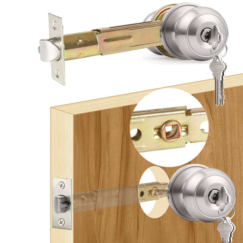 Satin nickel 5-inch backset keyed door latch with round knob and two keys