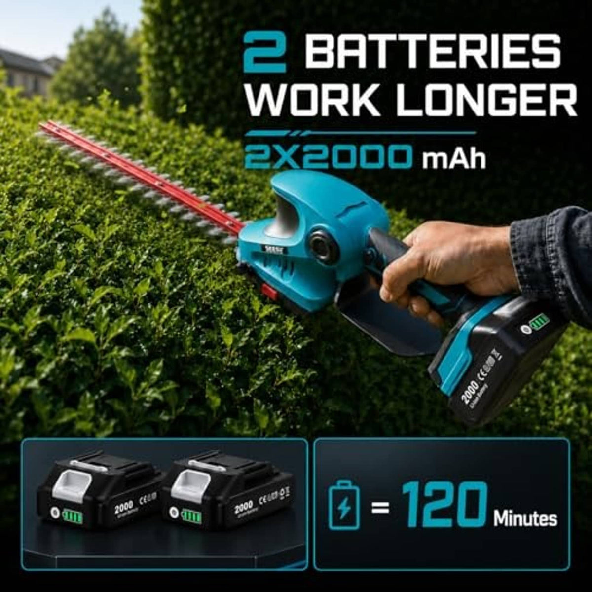 Hand holding blue cordless hedge trimmer with red blade against green bushes