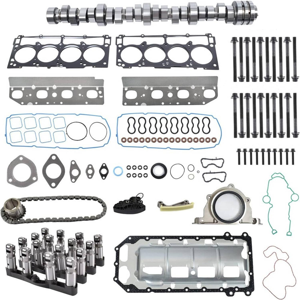 Engine timing and lifter kit with gaskets, bolts, oil seals, and cam tools