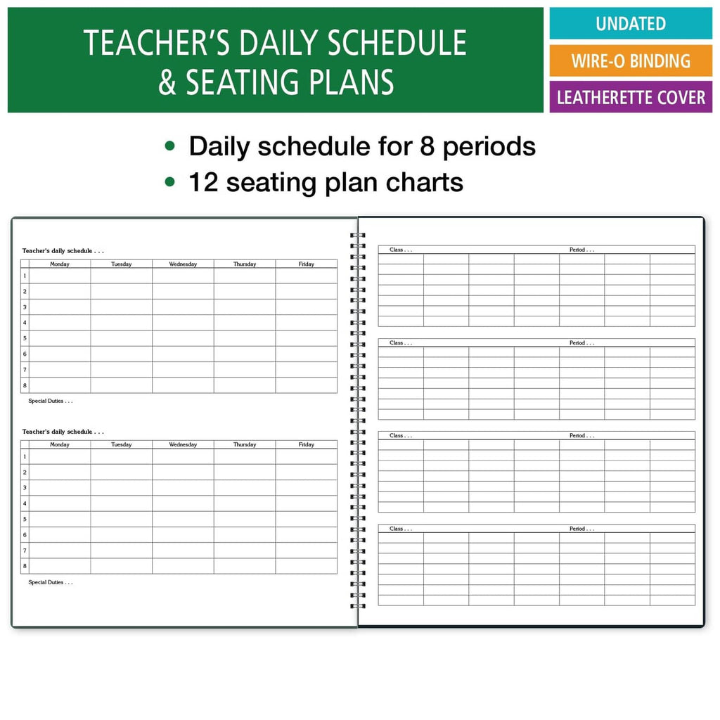 Teacher daily schedule planner spread with wire-o binding and seating plan charts.