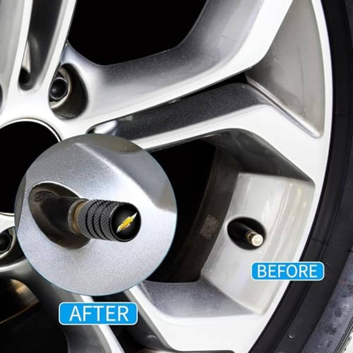 Black textured valve cap with gold Chevrolet bowtie on a wheel rim valve stem