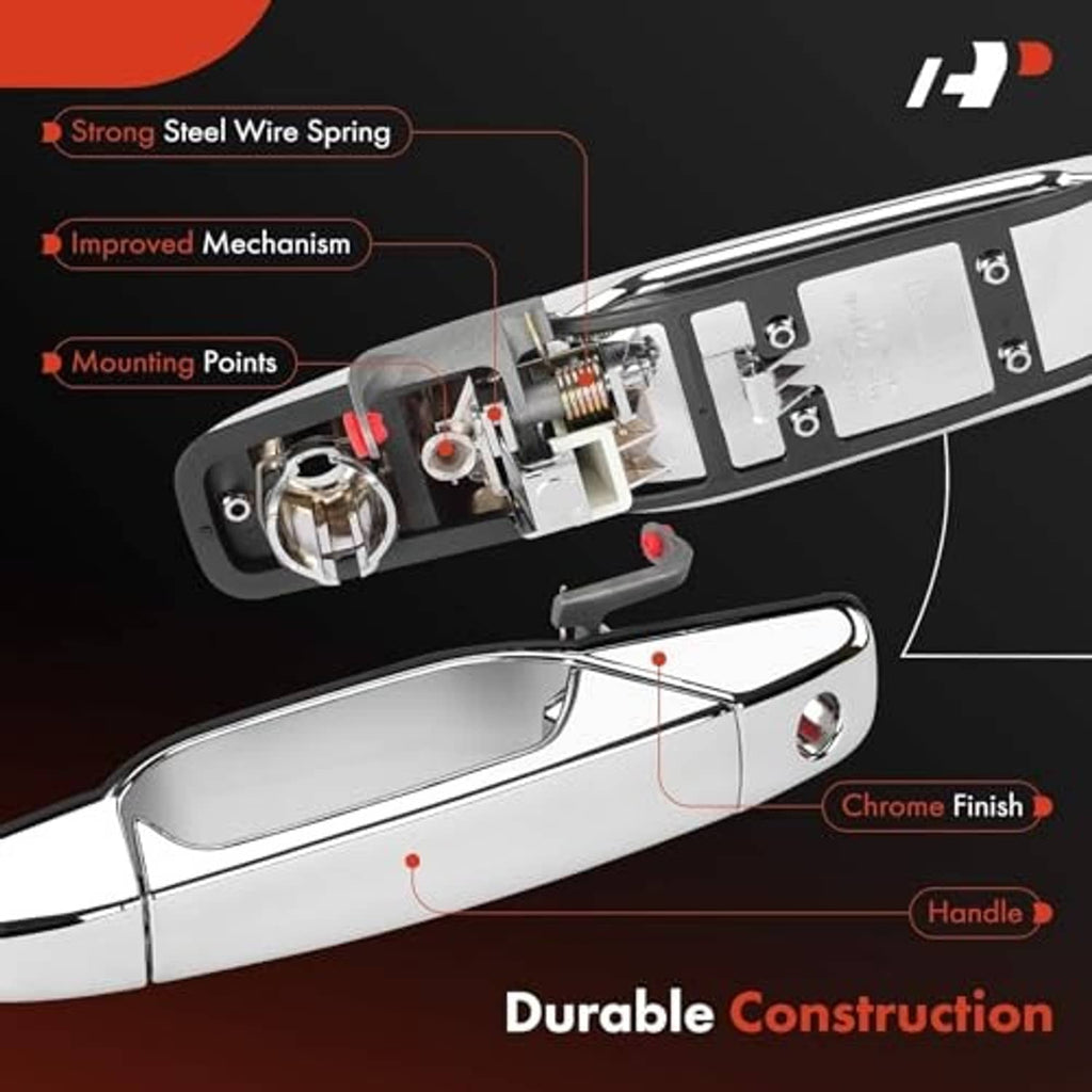 Exterior door handle mechanism detail with durable internal components and chrome exterior.