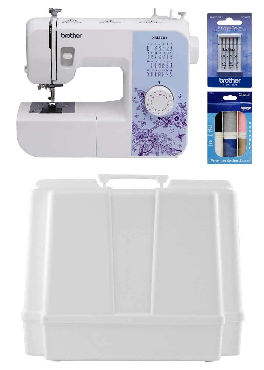 White Brother XM2701 sewing machine with accessory storage case