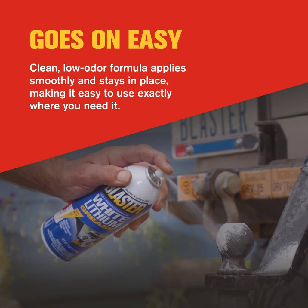 Hand holding white lithium grease aerosol can near machinery parts