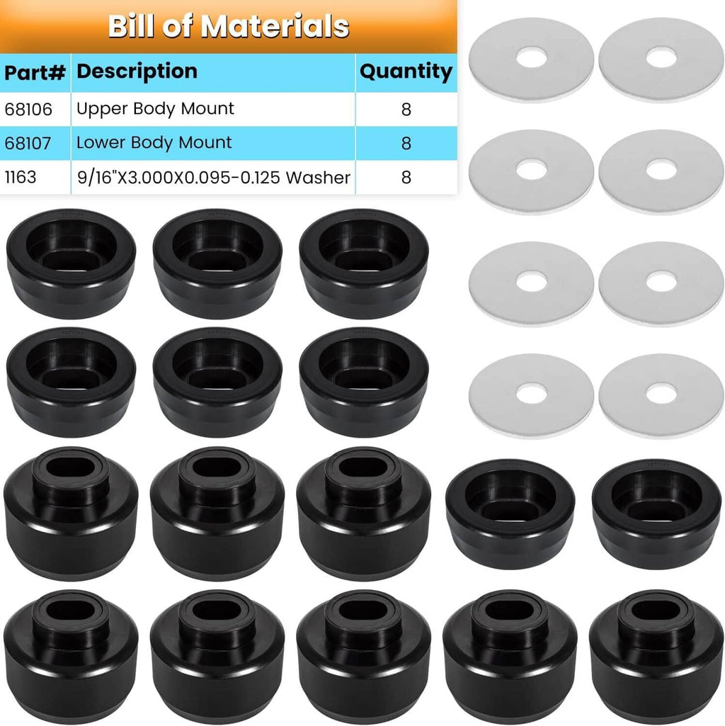 Multiple black body mount bushings and gray washer discs, bulk kit assortment