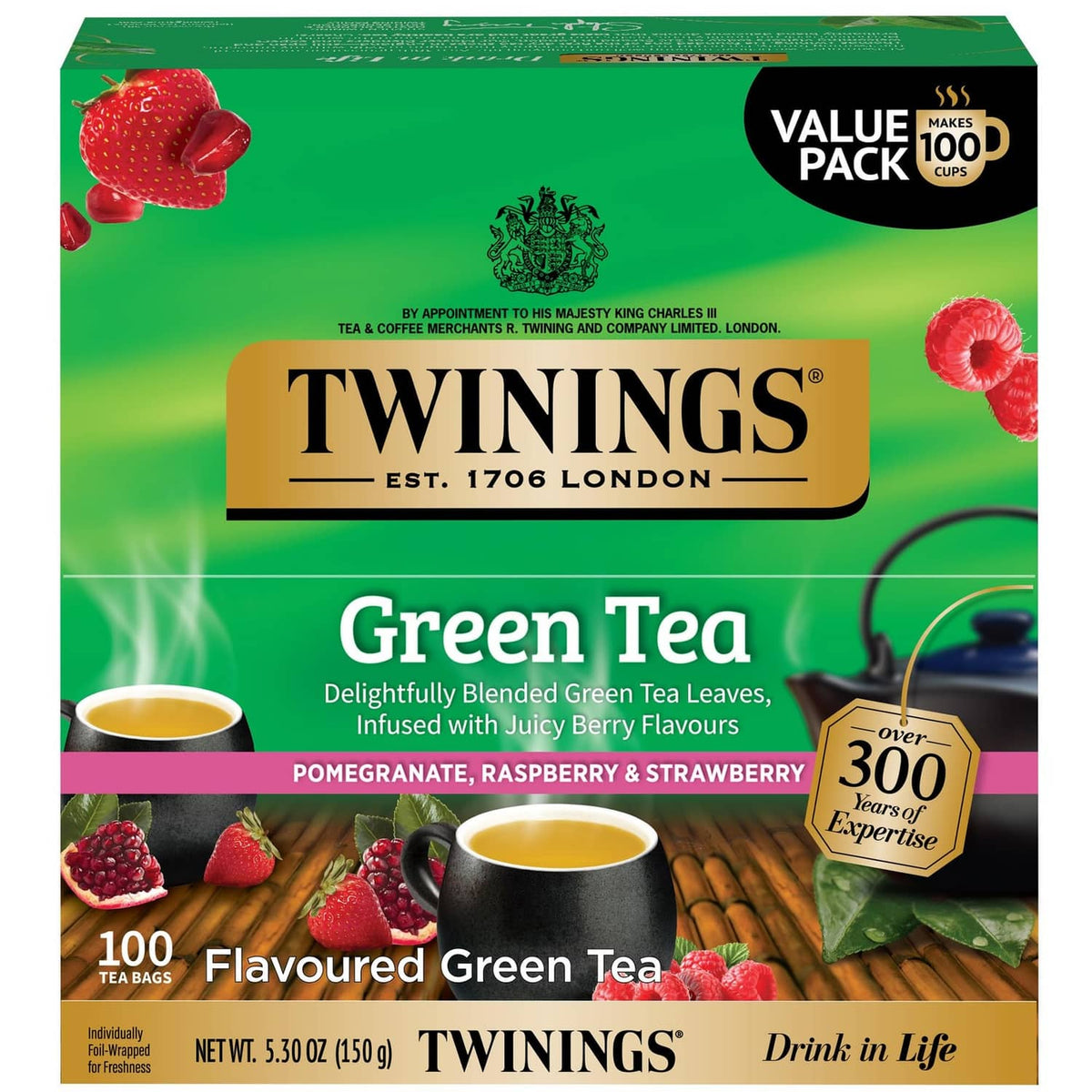 Flavoured green tea box: pomegranate, raspberry & strawberry, 100 tea bags